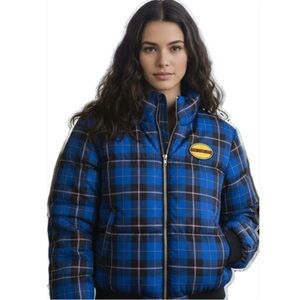 WOMENS FOREVER 21 BLUE PLAID PUFFER BOMBER JACKET. SIZE LARGE.  NEW YORK CITY